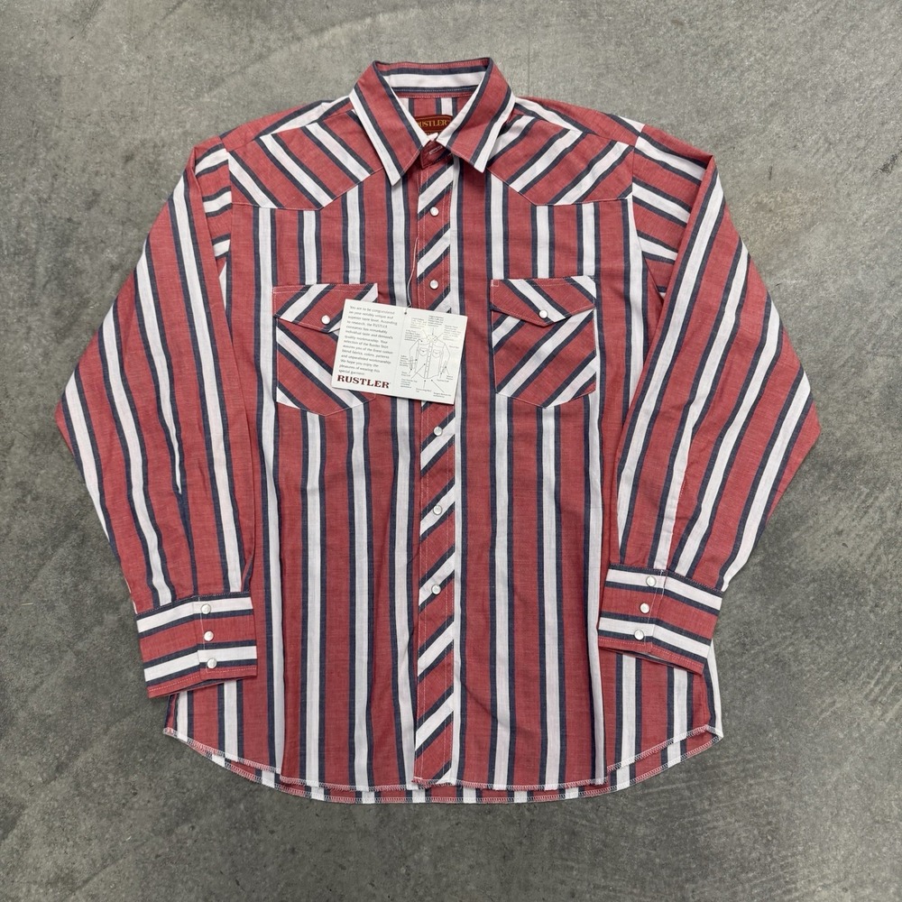 NWT Men's Pearl Snap Red Rustler Shirt Rodeo Red Long Sleeve Striped Western L